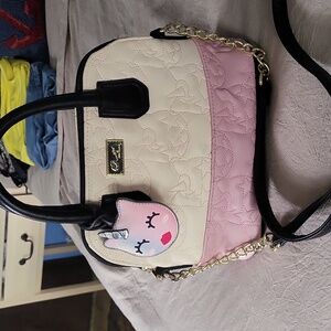 Cream and Pink Quilted Handbag with Unicorn Tag